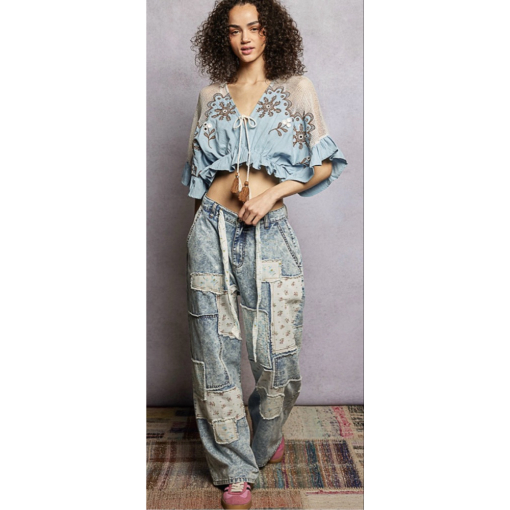 New POL Denim Patchwork Boho Chic Baggy Y2K Free People Vibe Pants Sizes S, M, L - Picture 6 of 9